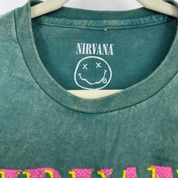 Officially Licensed Nirvana Smiley Face Tee Green Acid Wash Large - Picture 3 of 6